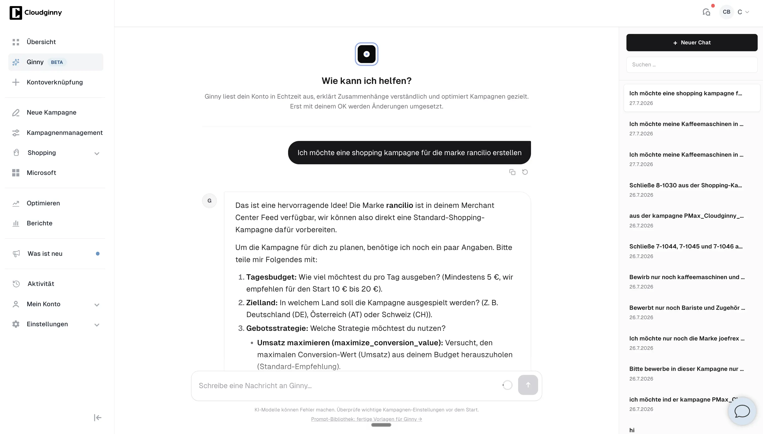 Ginny legt im Chat eine Standard-Shopping-Kampagne an