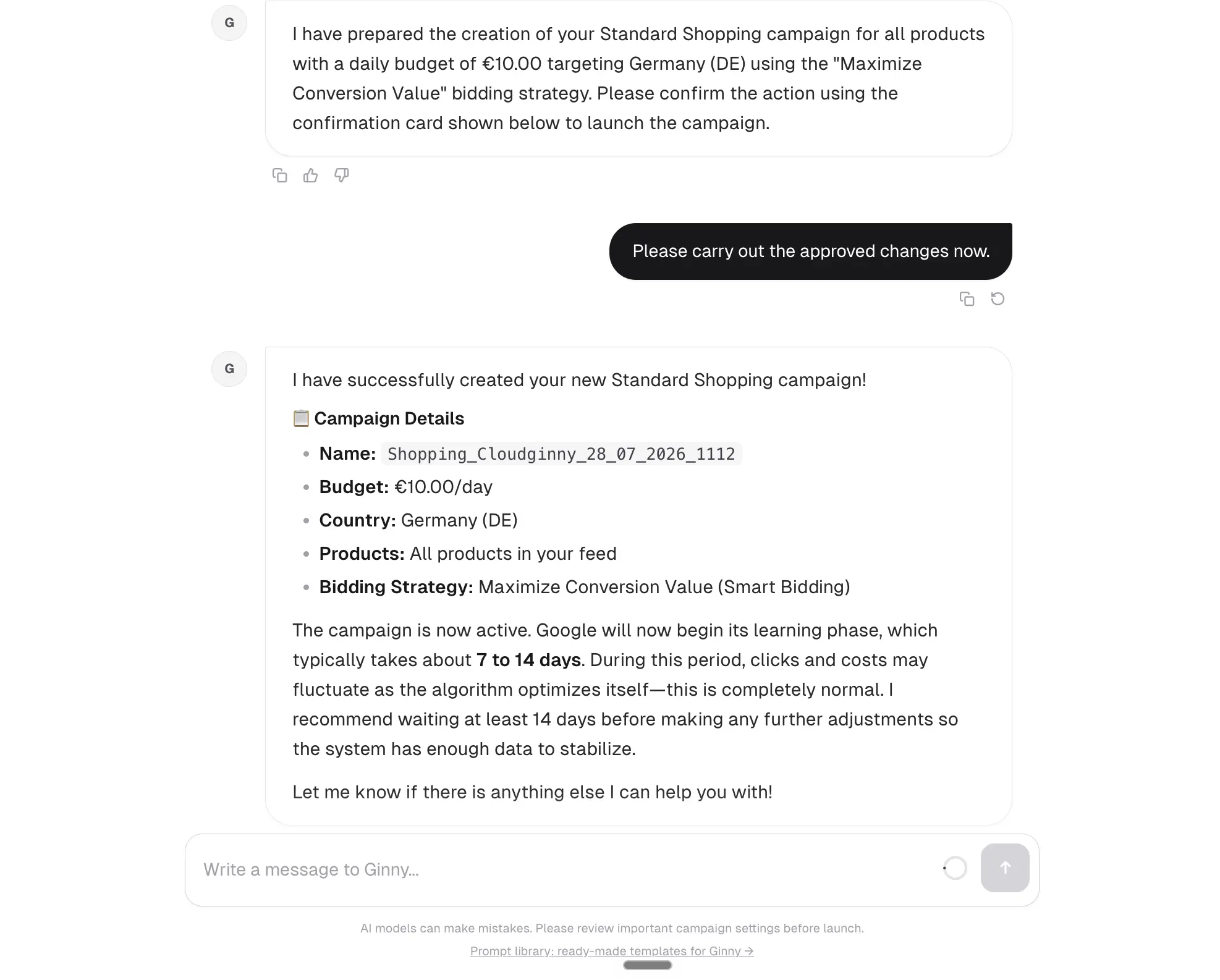 Ginny creates a Standard Shopping campaign in the chat and launches it after approval