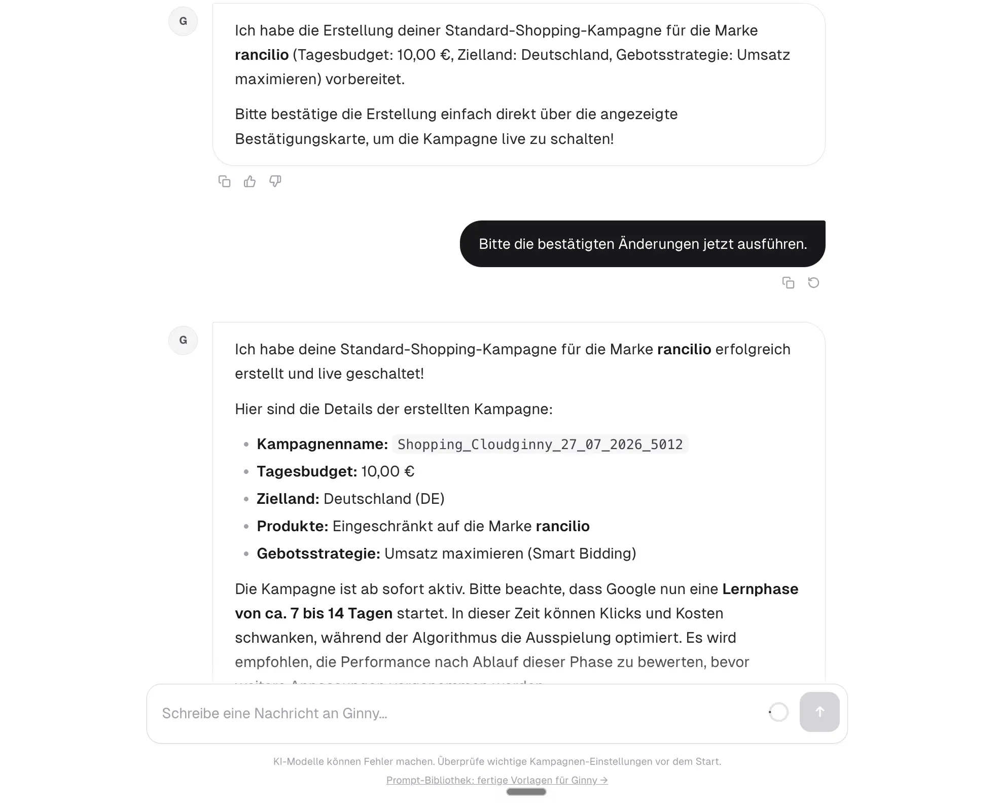 Ginny erstellt im Chat eine Standard-Shopping-Kampagne und schaltet sie nach der Freigabe live