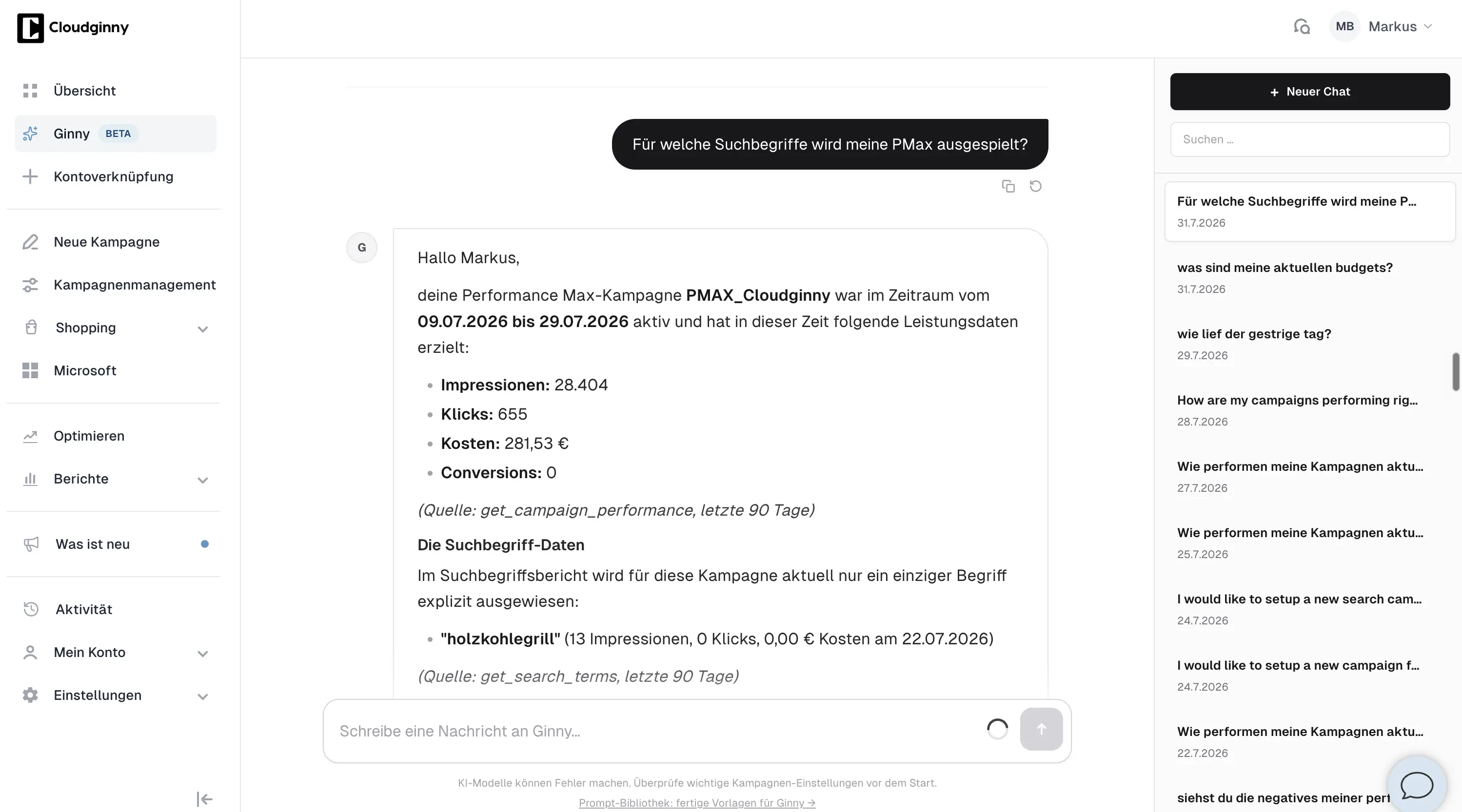 Ginny zeigt im Chat die Suchbegriffe einer Performance-Max-Kampagne