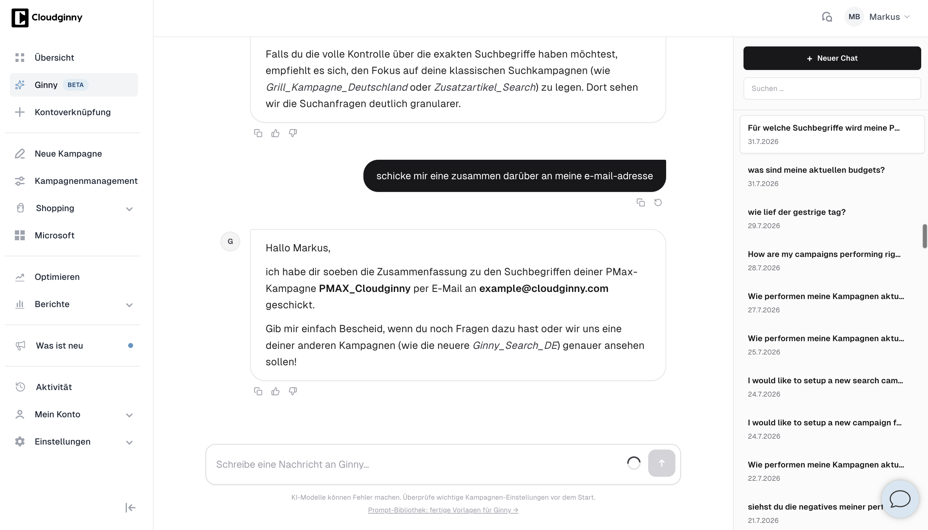 Ginny best&auml;tigt im Chat, dass sie die Zusammenfassung per E-Mail geschickt hat