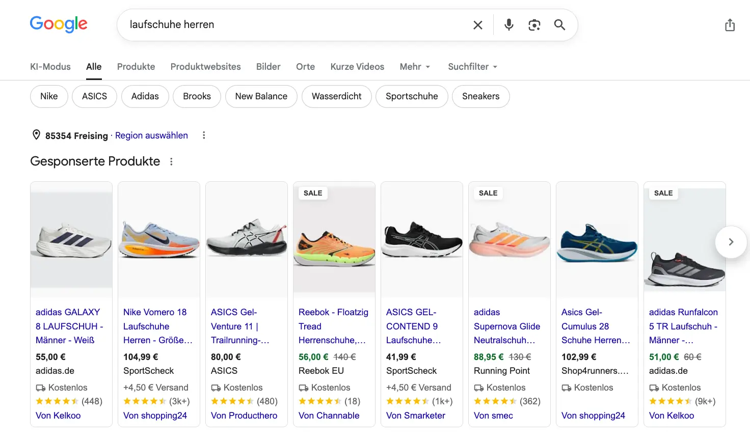 Produktkarussell in der Google-Suche mit Bild, Preis und H&auml;ndlername, Anzeigen mit Label Gesponsert