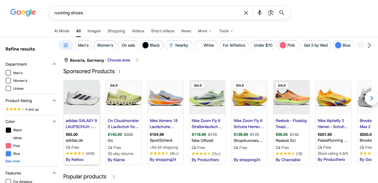 Product carousel in Google Search with image, price and merchant name, ads labeled Sponsored