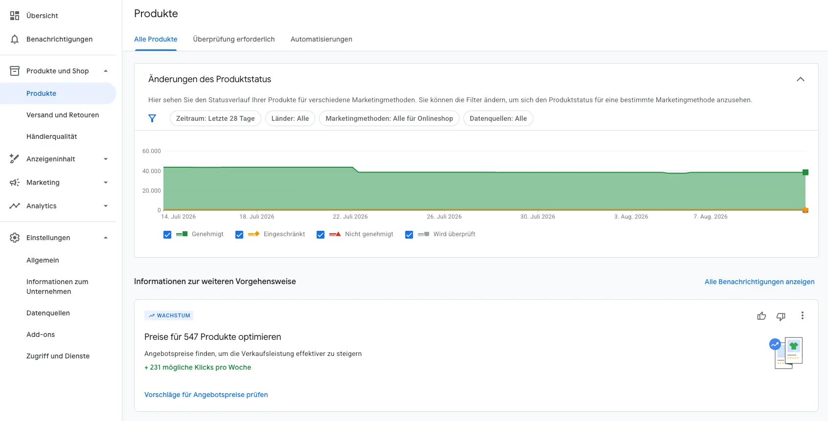 Produkt&uuml;bersicht im Google Merchant Center mit Feld-Status und Freigaben
