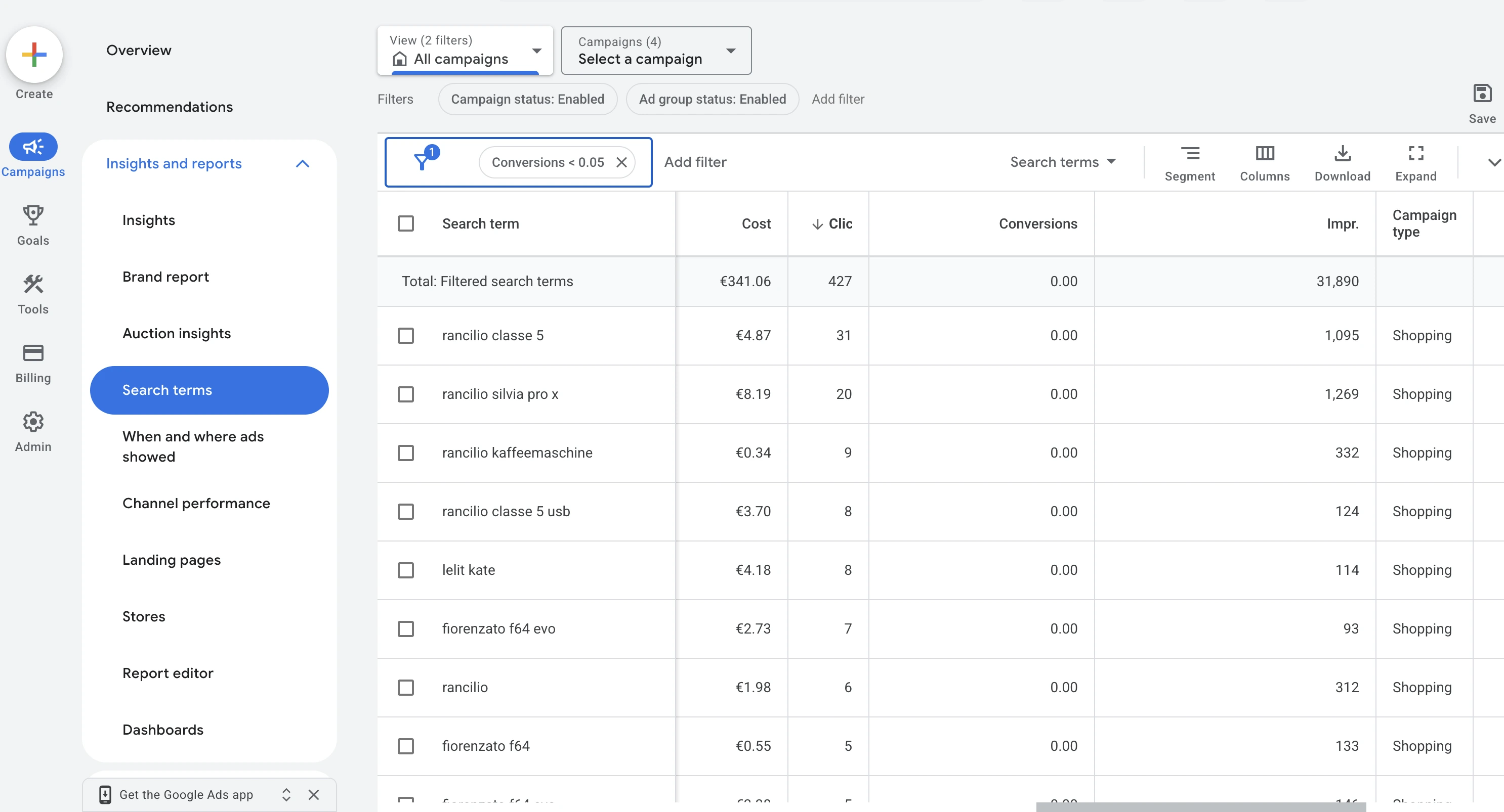 Search terms report in Google Ads filtered to terms without conversions, showing cost and clicks per term