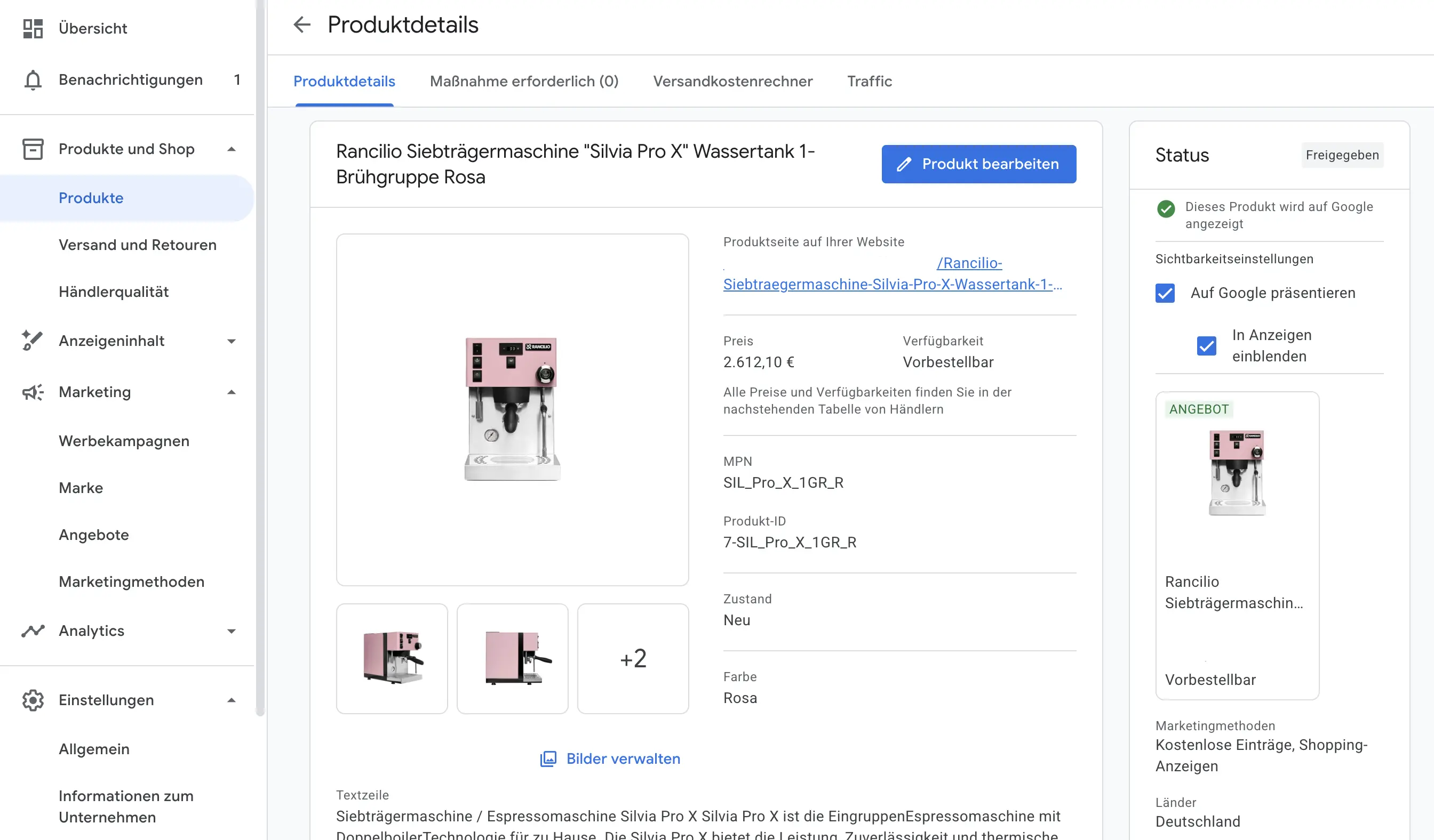 Product details in the German-language Google Merchant Center showing price, availability, MPN, condition and colour of an approved item