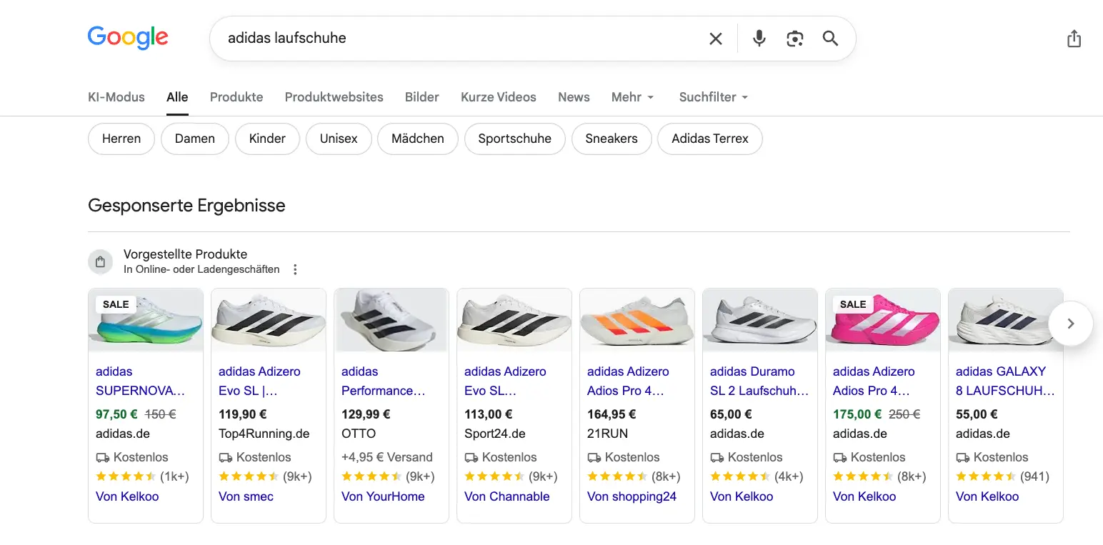 Shopping-Anzeigen mit Streichpreis in der Google-Suche