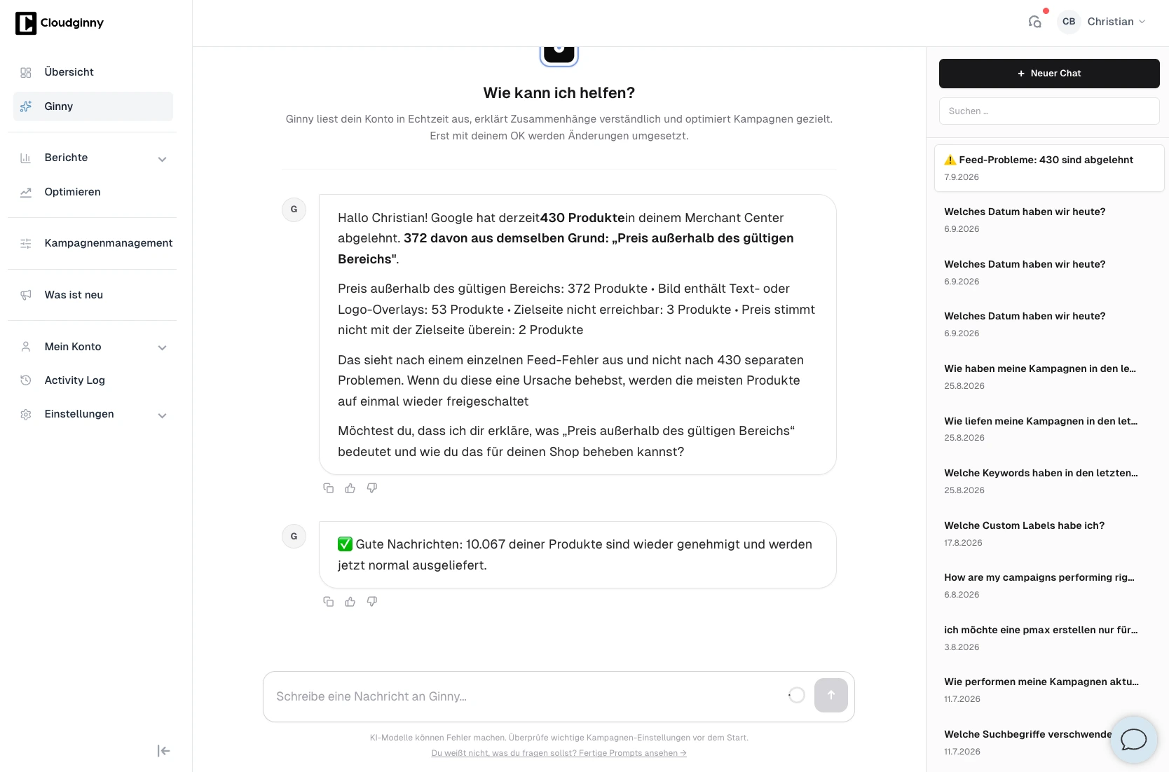 Ginny erklaert im Chat, dass Google 430 Produkte abgelehnt hat und 372 davon aus demselben Grund, und schlaegt die Behebung der einen Ursache vor.