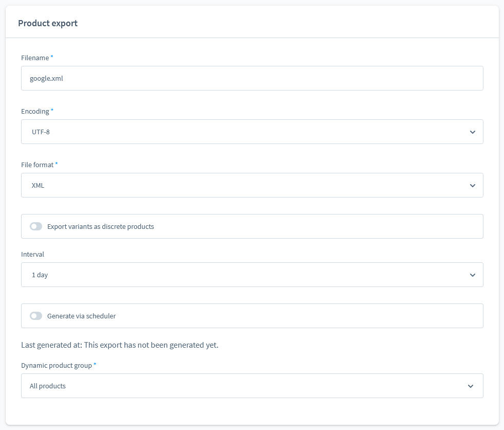 Shopware product export section with filename, encoding, file format, variants toggle, interval, generate via scheduler and dynamic product group