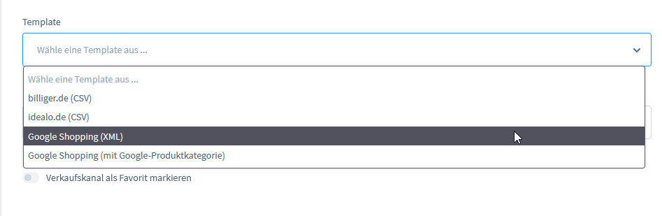 Shopware-Verkaufskanal Produktvergleich: Auswahl des Templates Google Shopping (XML)