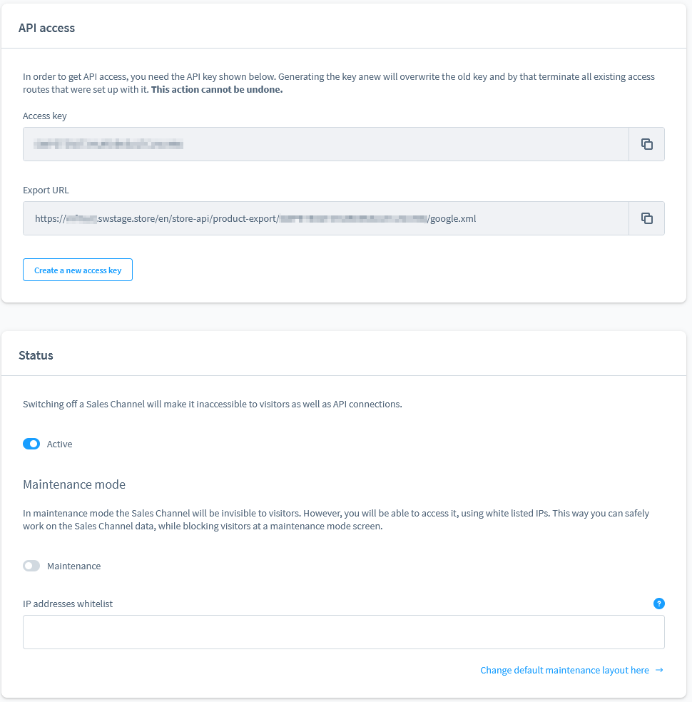 Shopware API access section with access key and export URL, plus the status section with the active toggle and maintenance mode