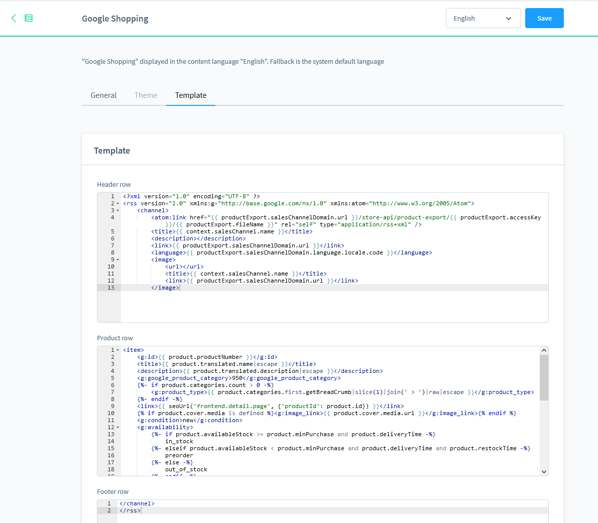 Shopware template tab with the three fields header row, product row and footer row