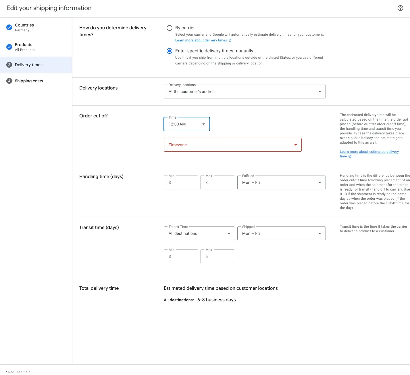 Delivery times in the Google Merchant Center shipping settings: order cutoff, handling time of 3 days and transit time of 3 to 5 days, Monday to Friday