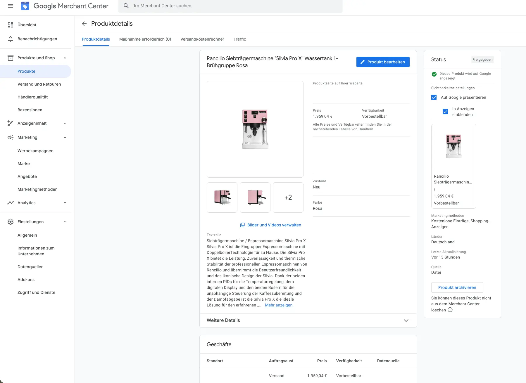 Produktdetails im Google Merchant Center mit Preis, Verf&uuml;gbarkeit &bdquo;Vorbestellbar&ldquo; und Status &bdquo;Freigegeben&ldquo;