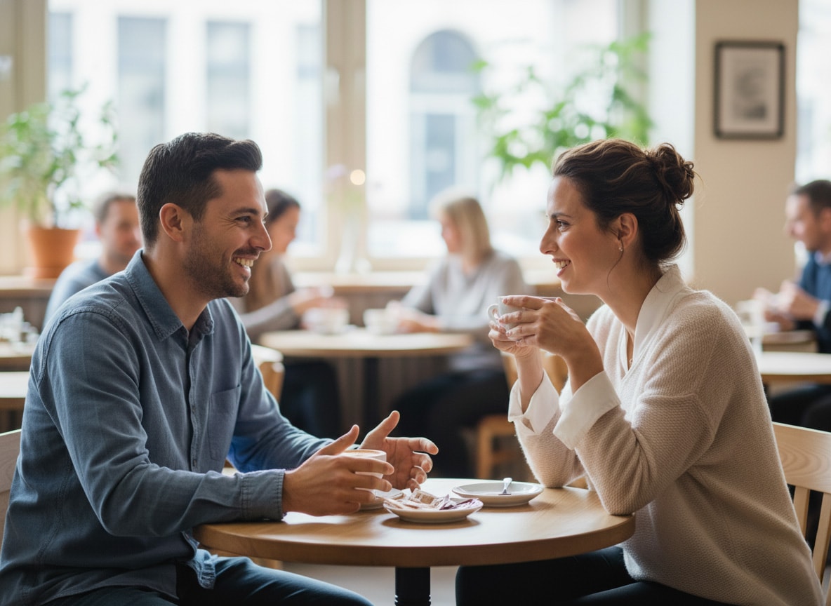Unsichtbare Aligner im Alltag: Eine Frau genießt entspannt ein Café-Gespräch – ihre Zahnspange bleibt dabei völlig unauffällig.