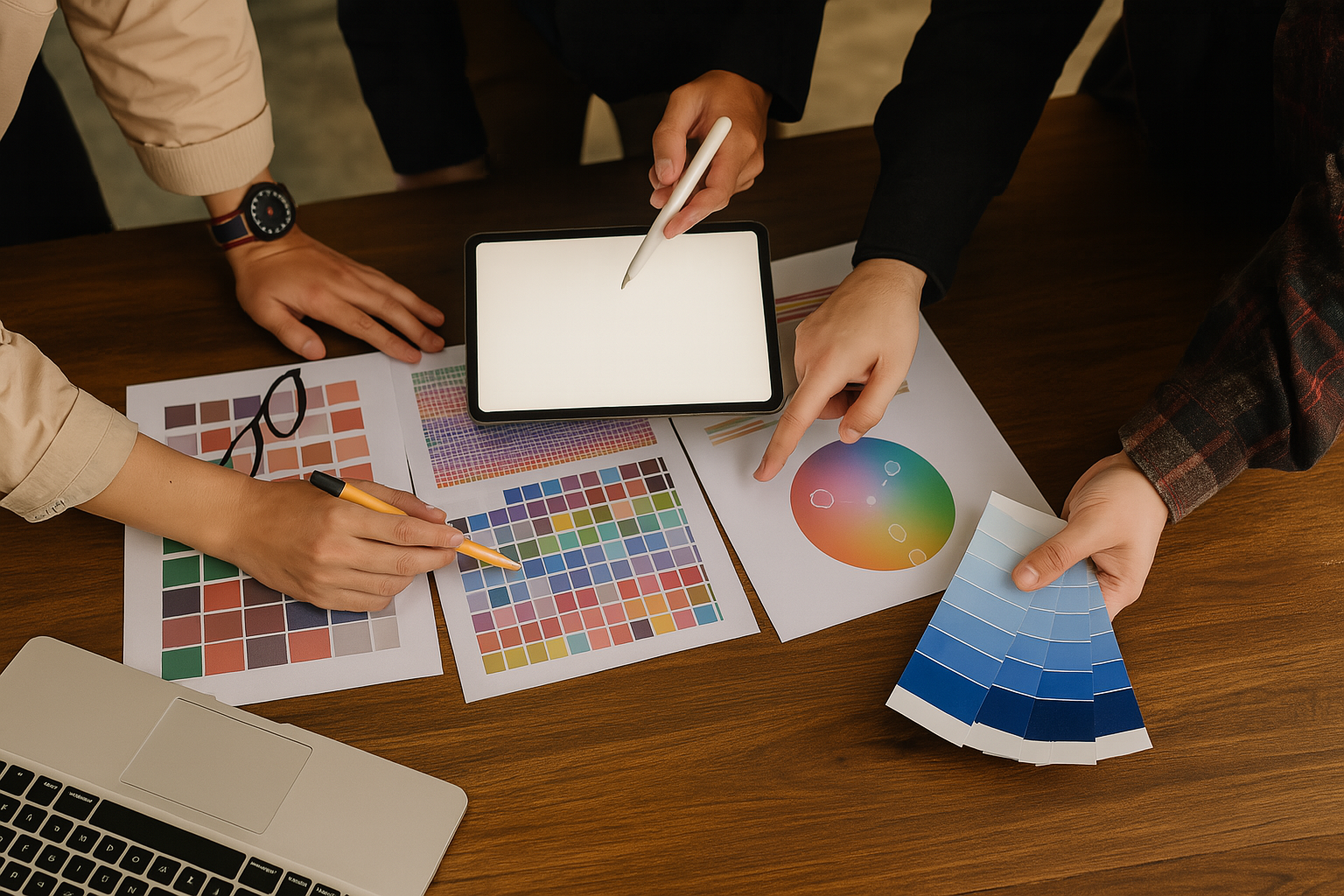 Team collaborating on brand design, reviewing colour swatches, palettes, and using a tablet to plan visual branding.