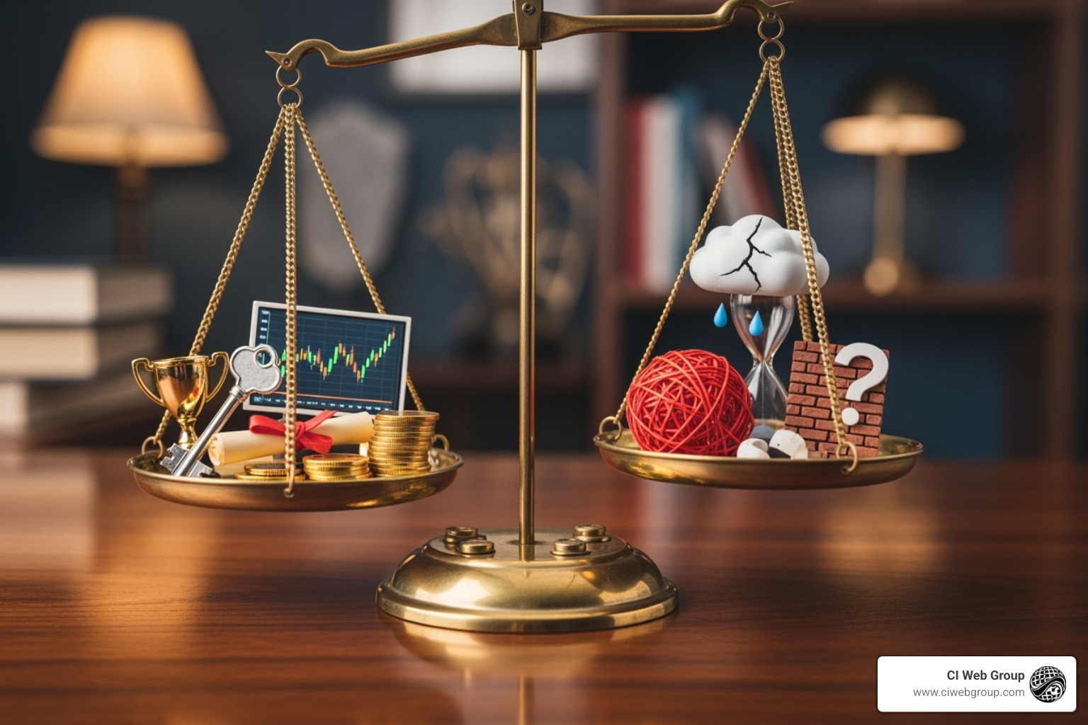 balance scale with benefits on one side and challenges on the other - ai digital marketing