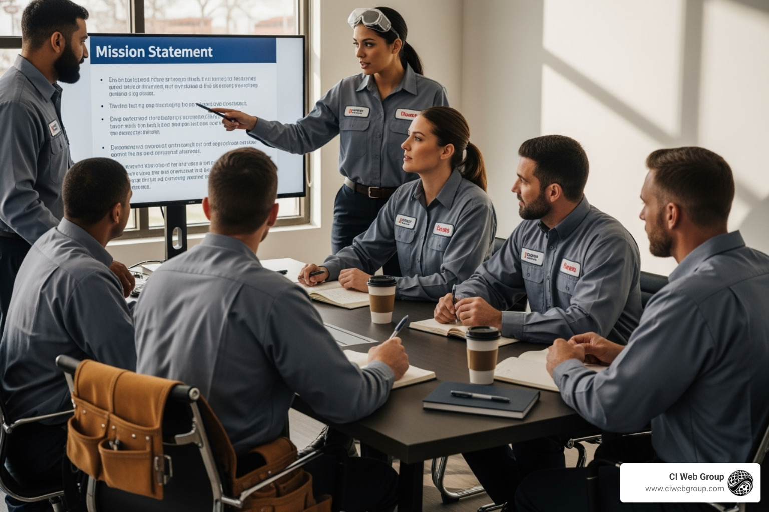 A diverse team of home service professionals discussing company values and mission statement during a team meeting - brand building for home service businesses