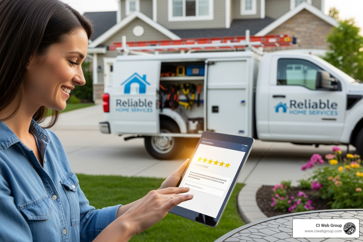 A homeowner happily leaving a positive online review for a home service business on a tablet, with a branded service truck visible in the background - brand building for home service businesses