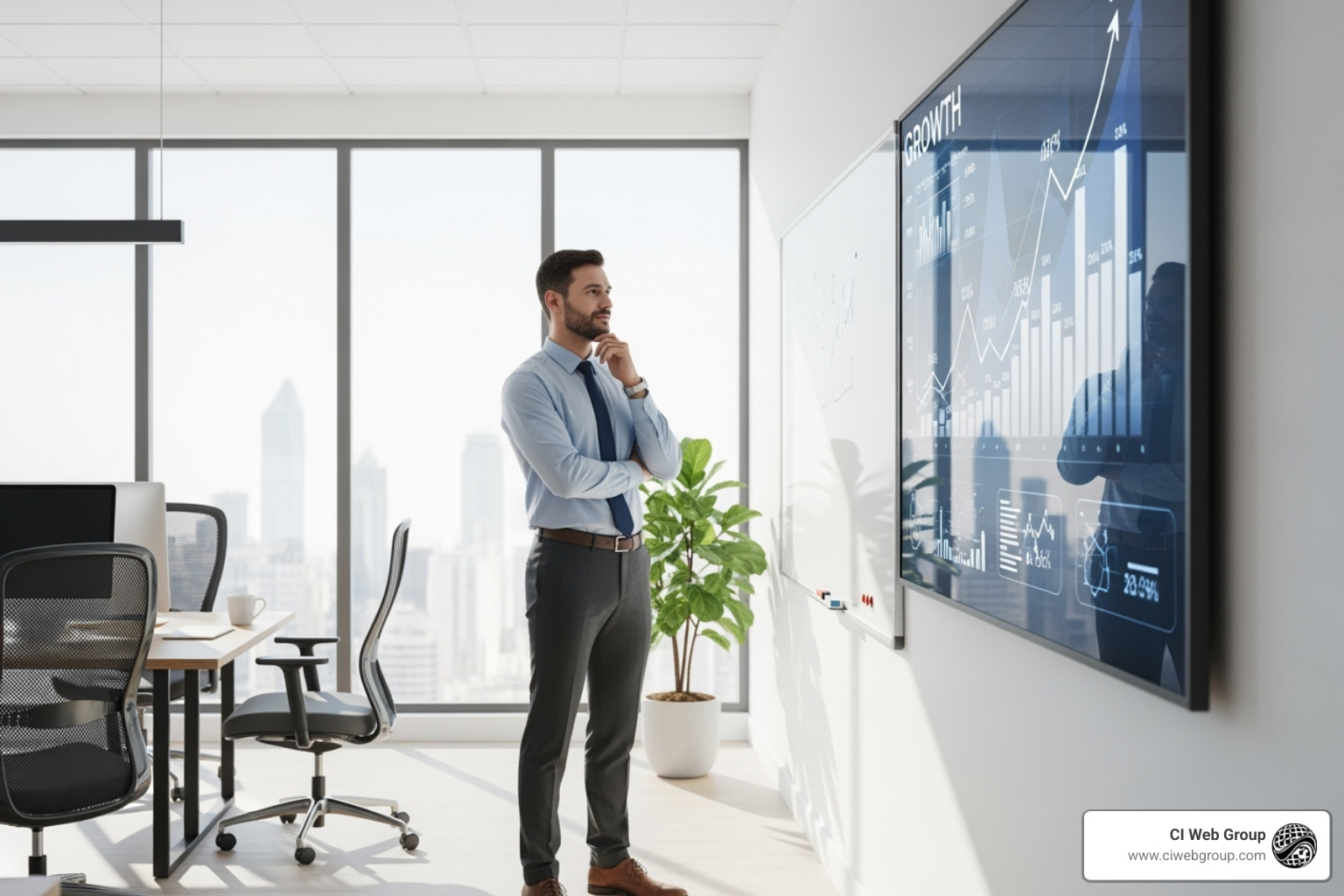 A business owner confidently looking at a growth chart - ai marketing roi measurement