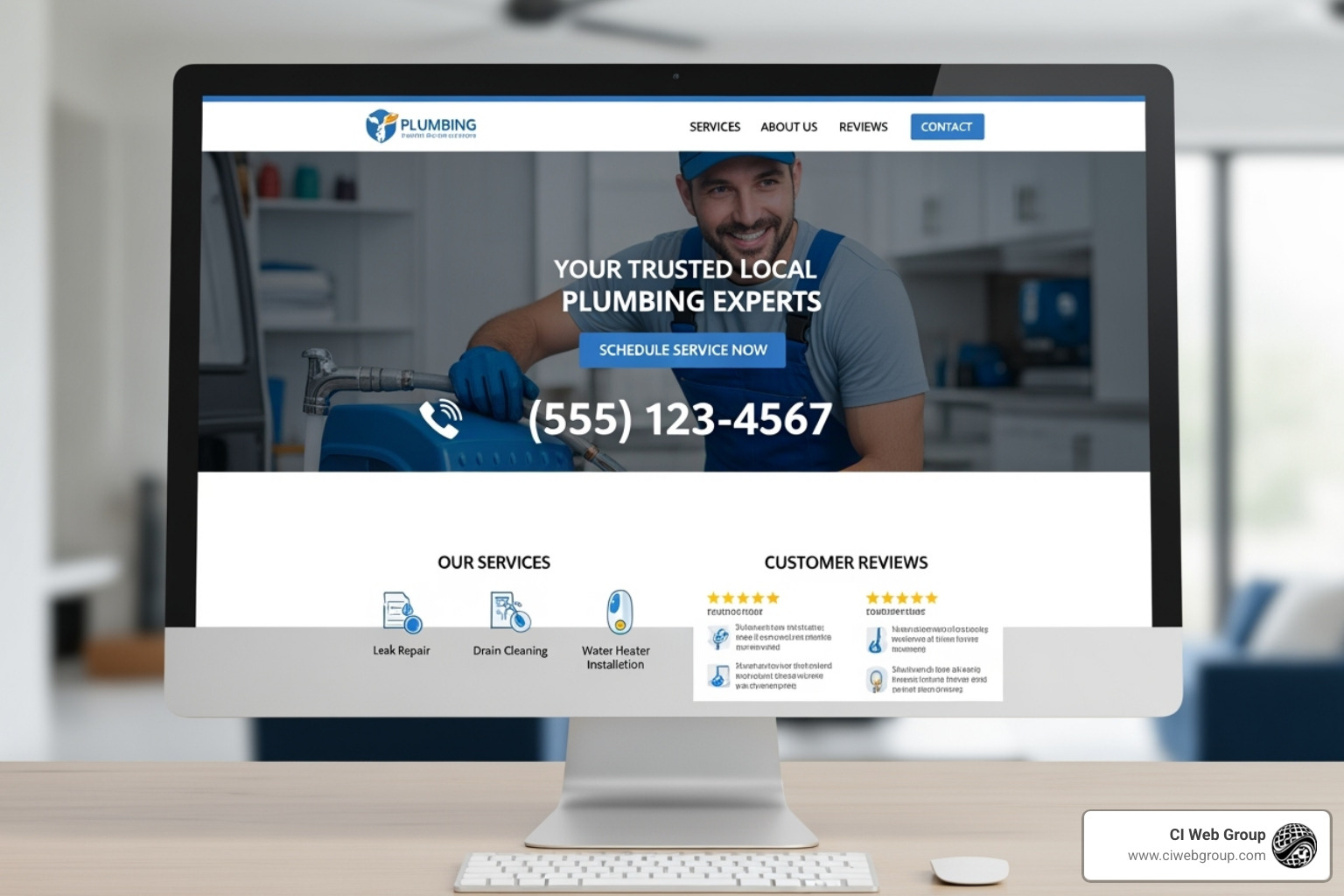 plumbing website homepage with conversion elements - how to make a website for a plumbing business