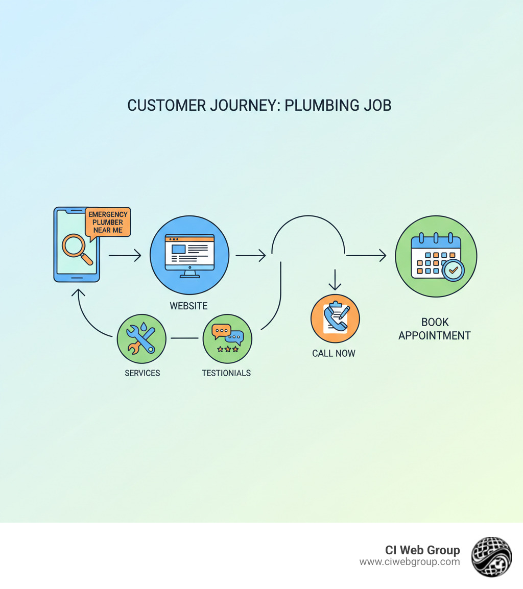 Infographic showing the customer journey from online search query like emergency plumber near me to visiting a plumbing website, viewing services and testimonials, filling out a contact form or calling the phone number, and finally booking a plumbing job appointment - how to make a website for a plumbing business infographic 