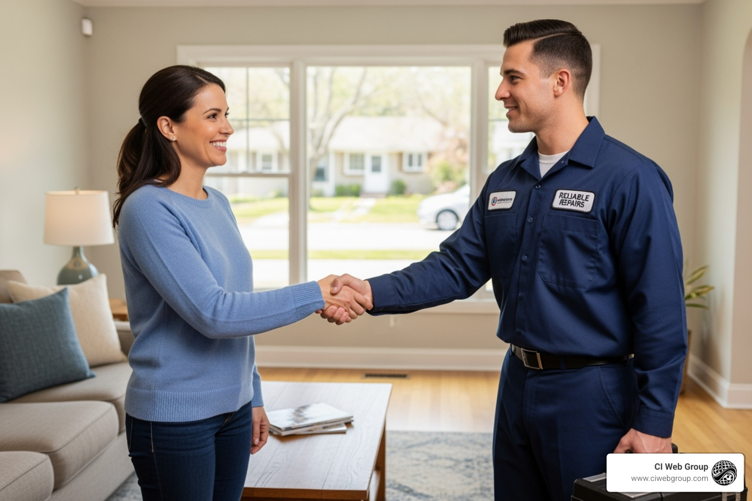 of a homeowner smiling and shaking hands with a uniformed technician