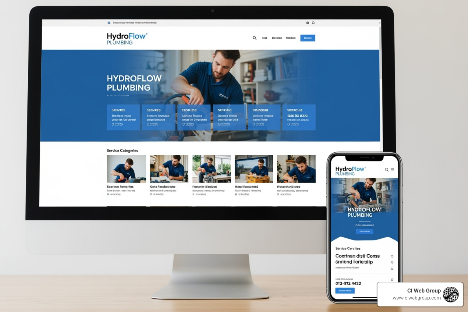 Image of a plumbing website on a desktop and mobile phone, showing its responsive design. - local SEO plumbing