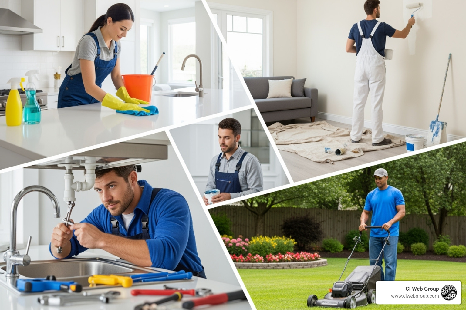 Collage of home service professionals at work, including cleaning, painting, plumbing, and landscaping - home service franchise brands