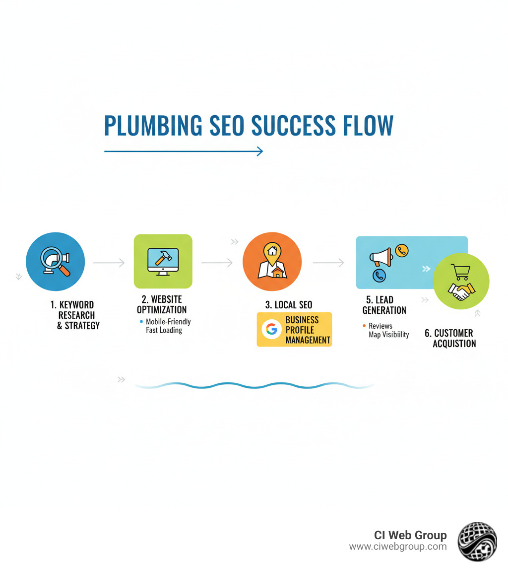 Infographic showing the plumbing SEO process flow from keyword research and website optimization through local SEO and Google Business Profile management to lead generation and customer acquisition - plumbing SEO company infographic 