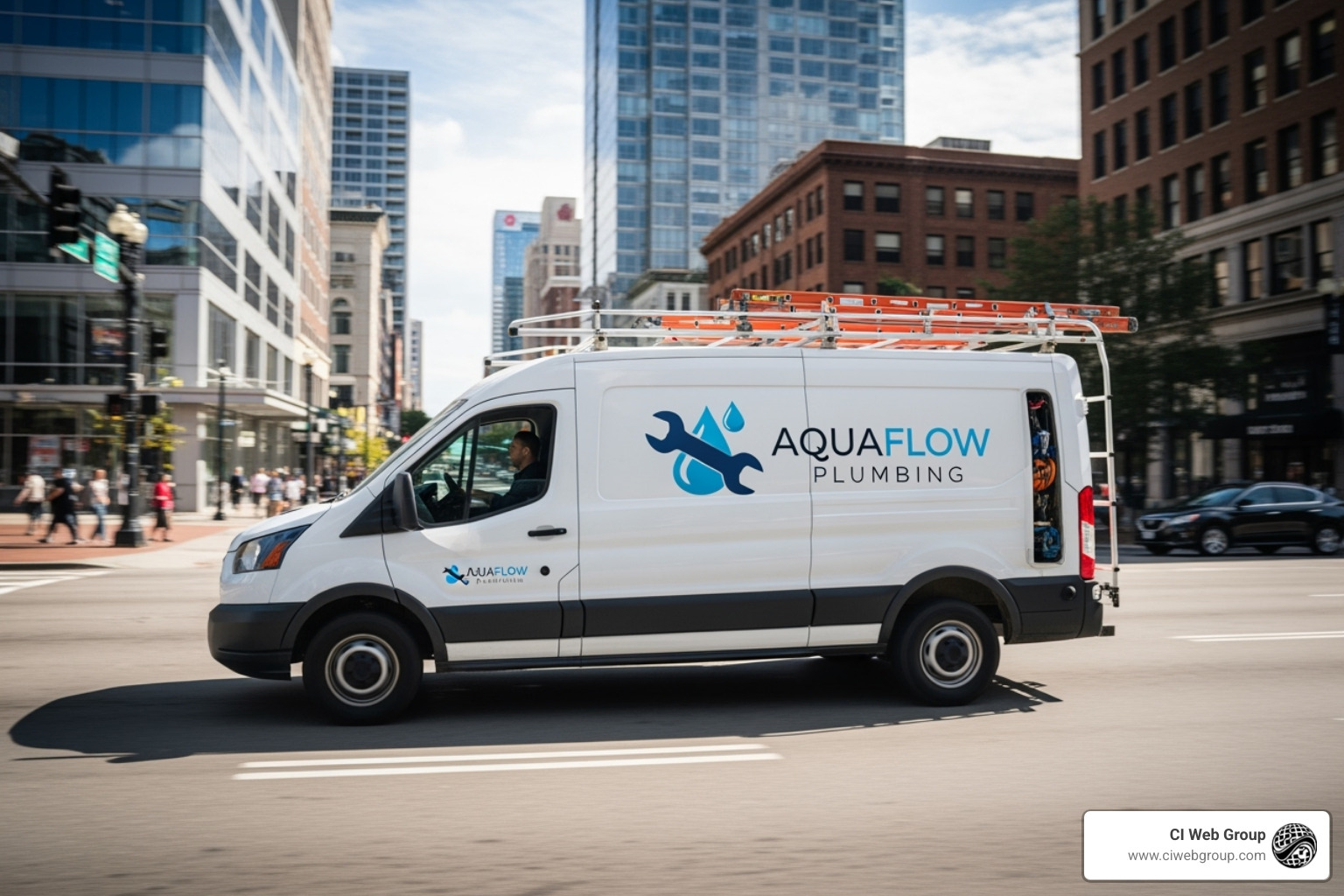 plumbing truck with a modern company logo driving down a street - plumbing SEO company