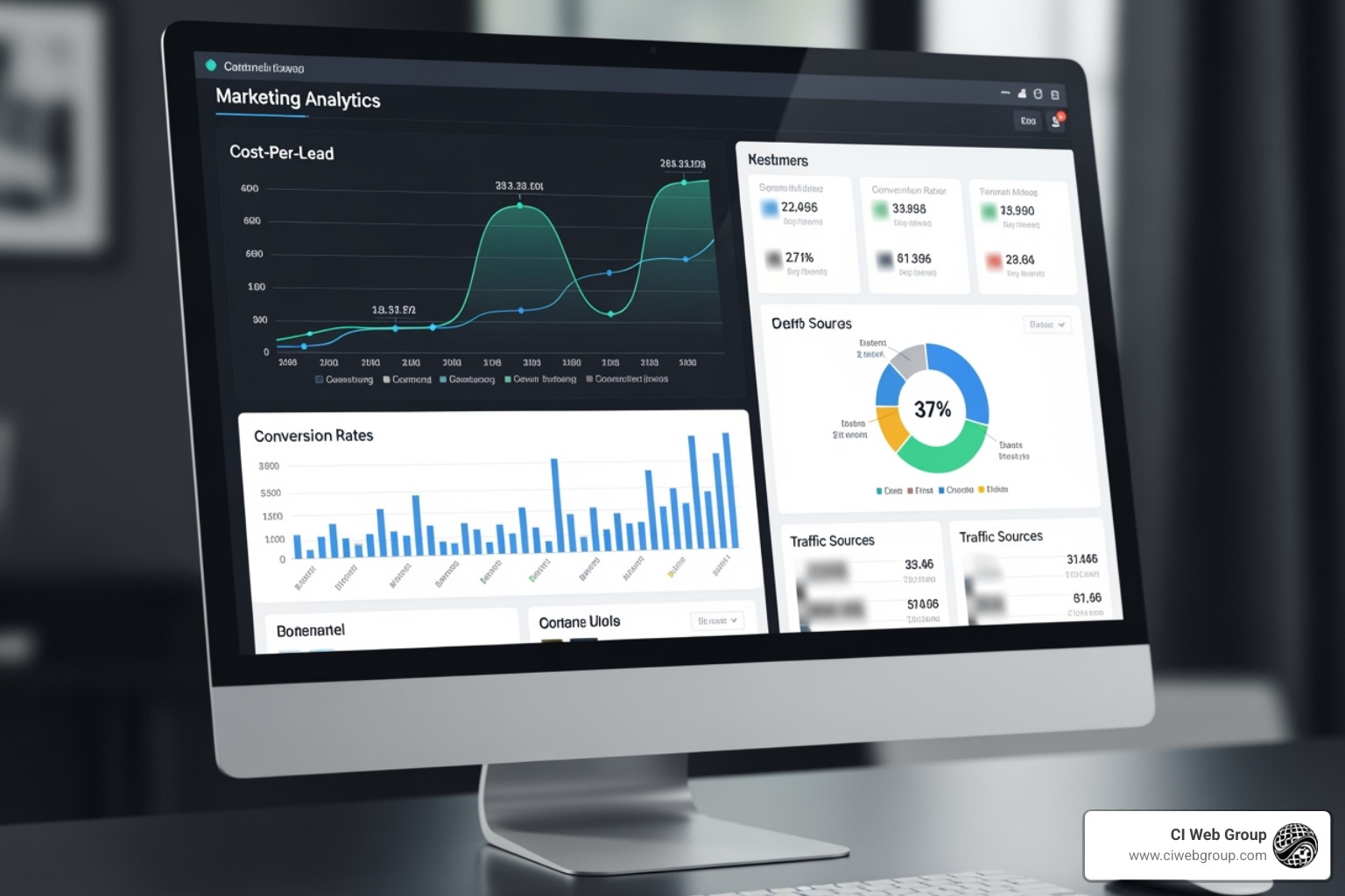 A marketing analytics dashboard displaying metrics like cost-per-lead and conversion rate - plumbing lead generation services