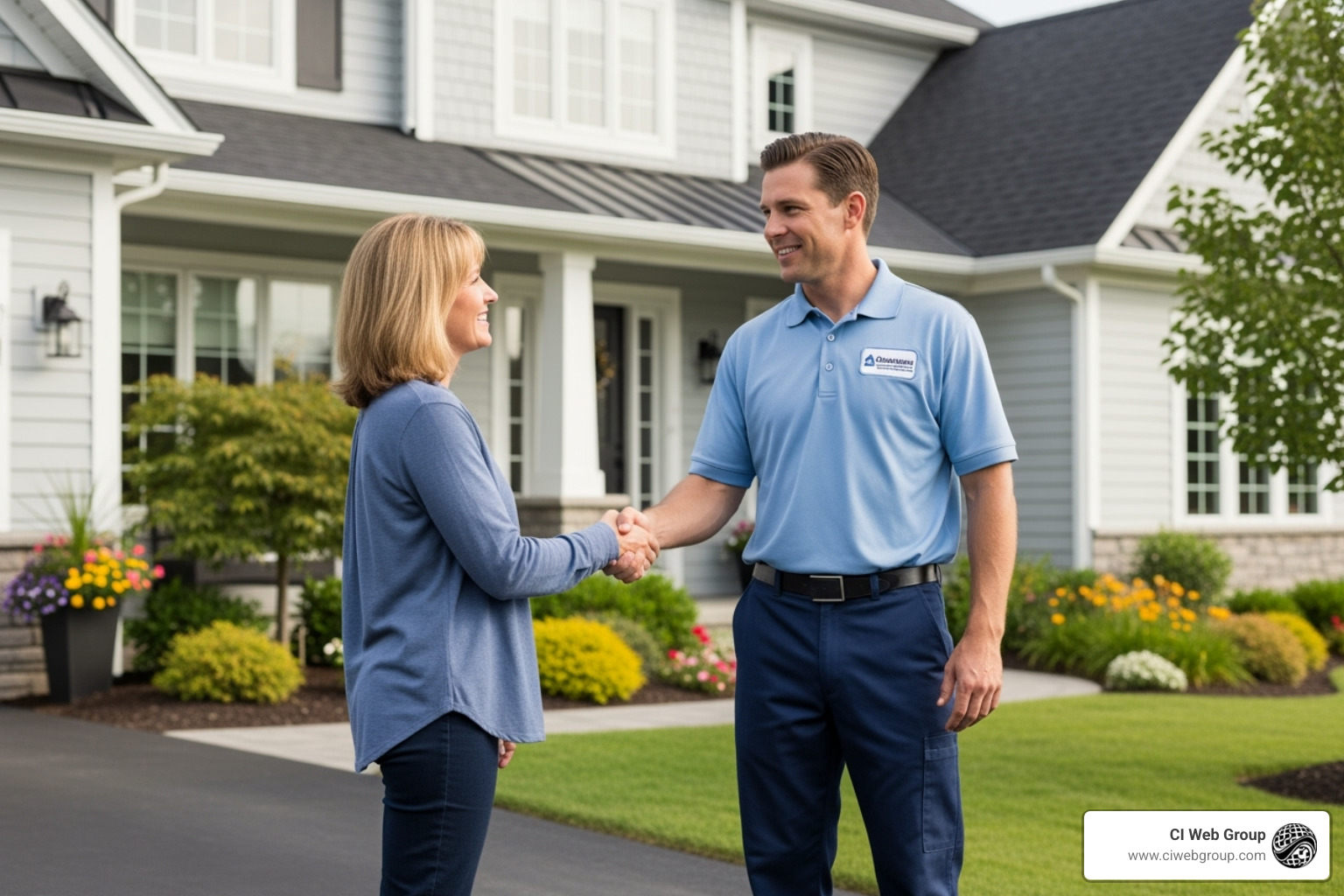 A plumber shaking hands with a happy homeowner in front of their house - plumbing lead generation services