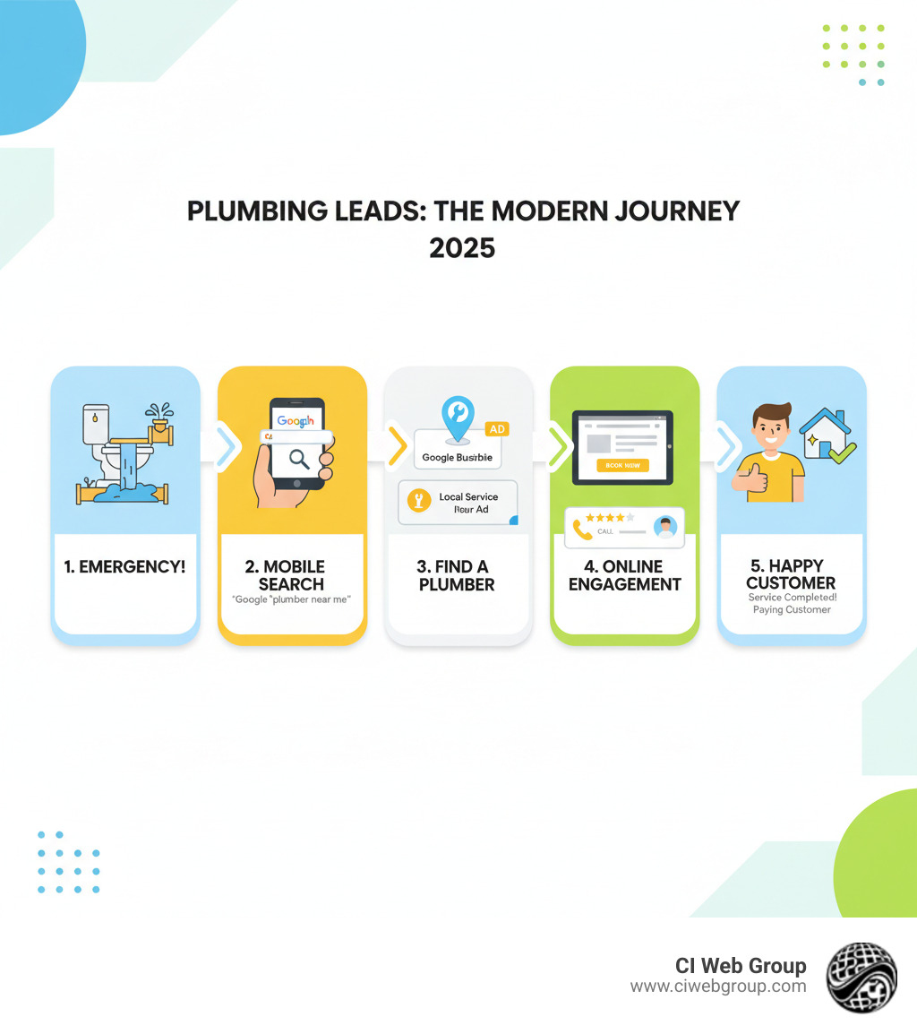 Infographic showing the modern customer journey for plumbing leads: customer experiences emergency, searches Google on mobile device, finds local plumber through Google Business Profile or Local Service Ad, visits website, calls or books online, and becomes a paying customer - plumbing lead generation services infographic