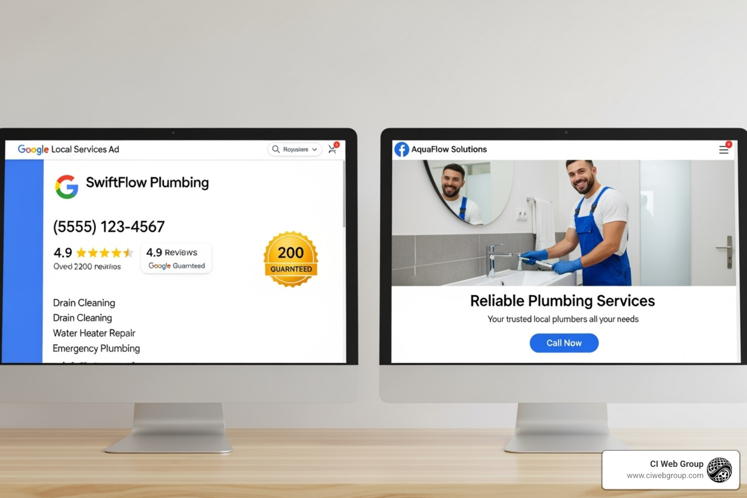 Examples of a Google Local Service Ad and a Facebook ad for a plumbing company - plumbing lead generation services