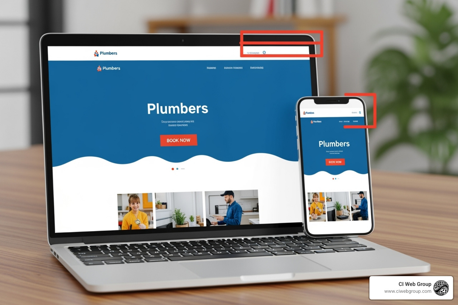 A plumber's website displayed on a laptop and a mobile phone, emphasizing a "Book Now" button - plumbing lead generation services