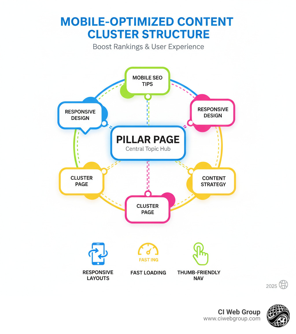 Mobile-optimized content cluster structure showing a central pillar page connected to multiple cluster pages, all designed with responsive layouts, fast loading elements, and thumb-friendly navigation suitable for smartphone screens - content cluster mobile optimization infographic