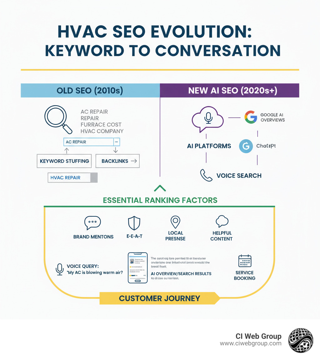 Comprehensive infographic showing the evolution from traditional keyword-based HVAC SEO to AI-powered conversational search, including visual comparison of old vs new search methods, key AI platforms like ChatGPT and Google AI Overviews, essential ranking factors like brand mentions and E-E-A-T, and the customer journey from voice query to service booking - ai seo for hvac infographic 