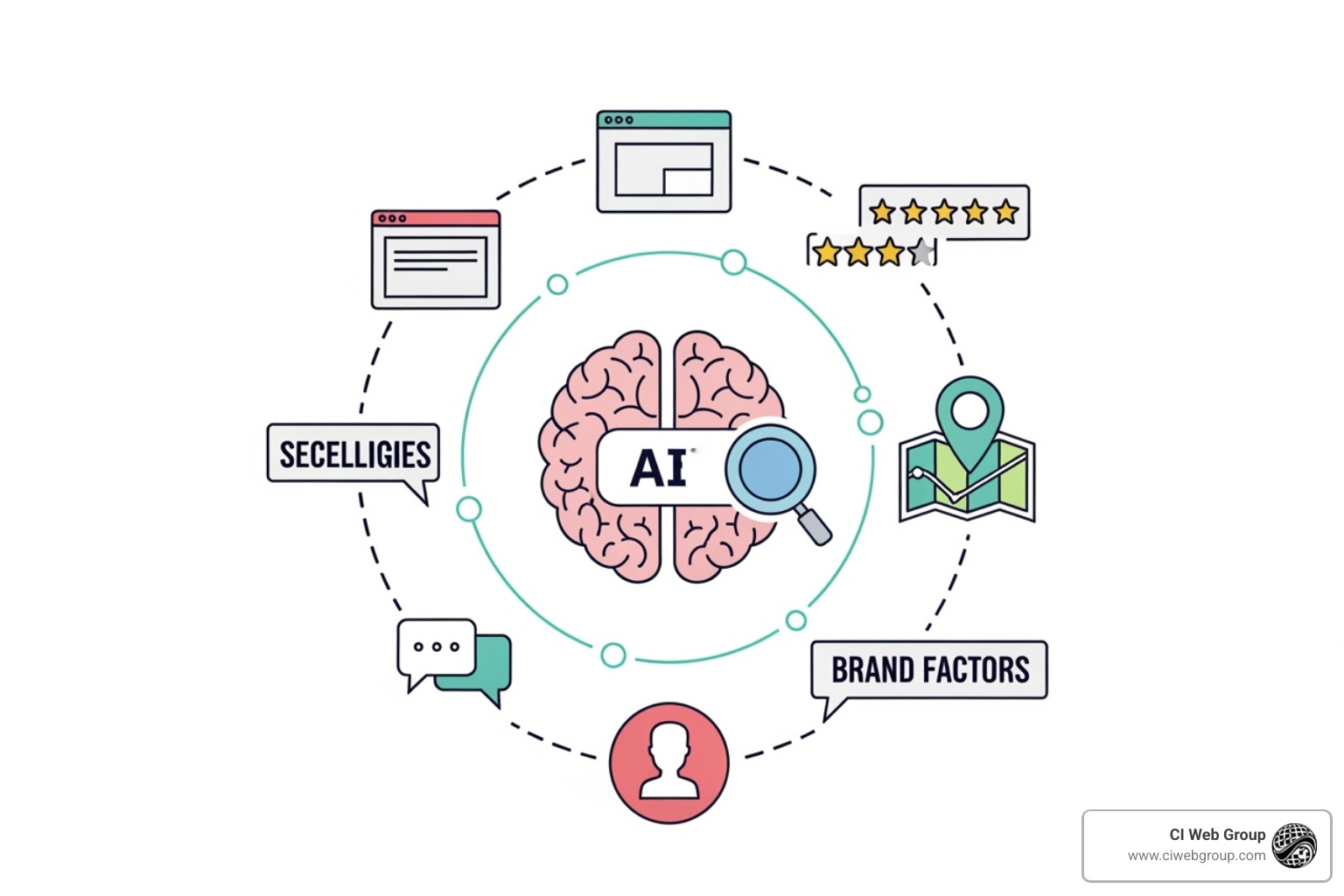 Illustration of various factors influencing AI search rankings, including website quality, customer reviews, local business listings, social media presence, and brand mentions - ai seo for hvac