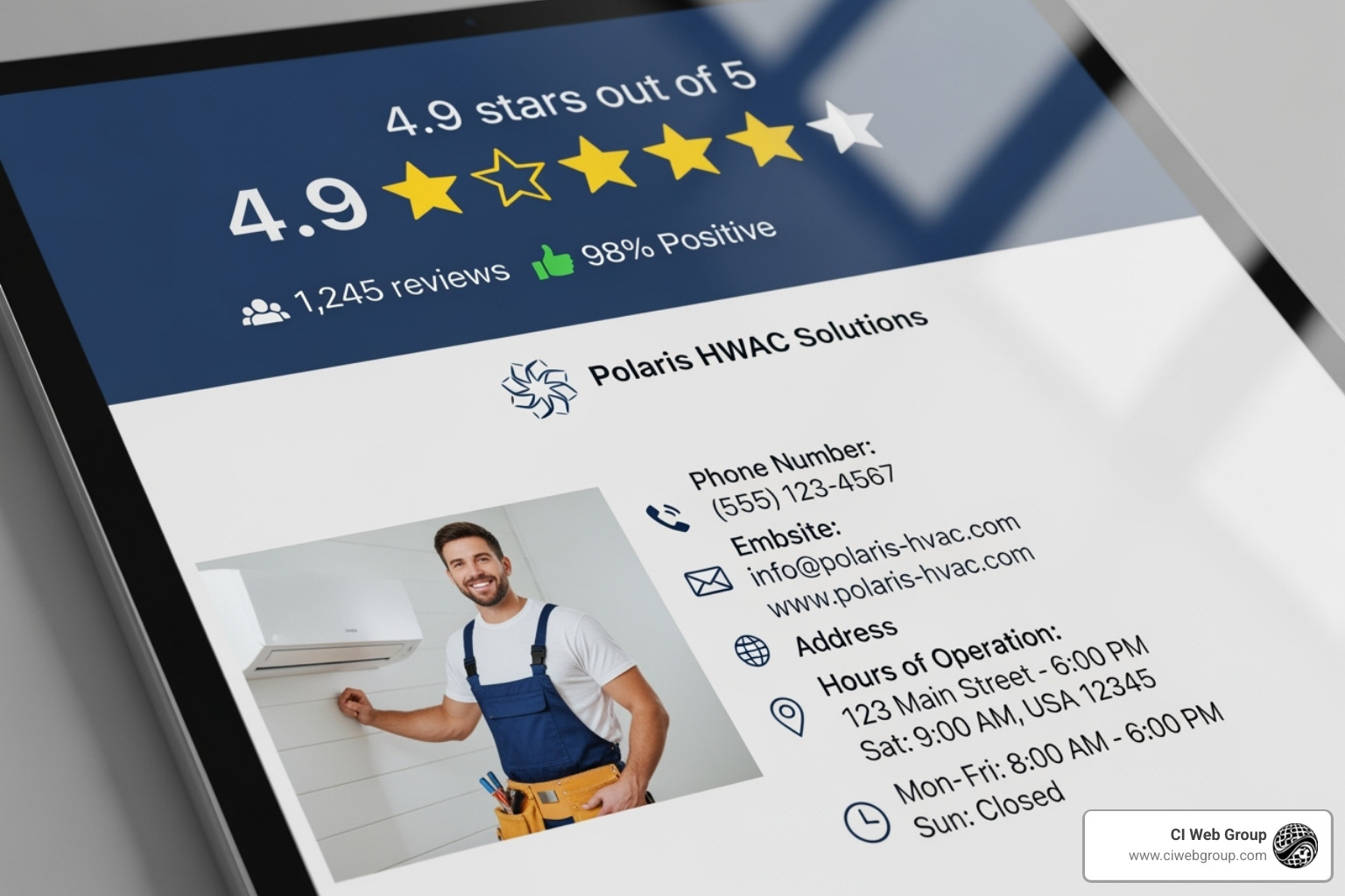 Screenshot of a Google Business Profile listing for an HVAC company, prominently displaying a high star rating, numerous positive reviews, and business details - ai seo for hvac