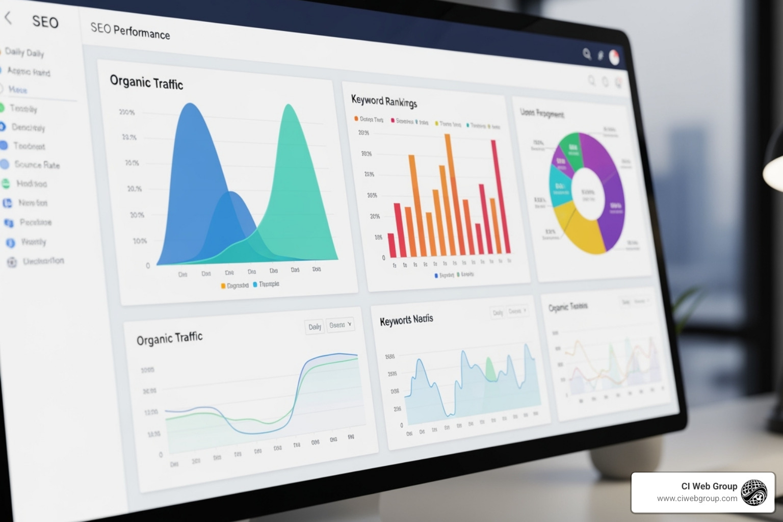 A dashboard showing SEO performance metrics like organic traffic, keyword rankings, and user engagement over time - content cluster content calendar
