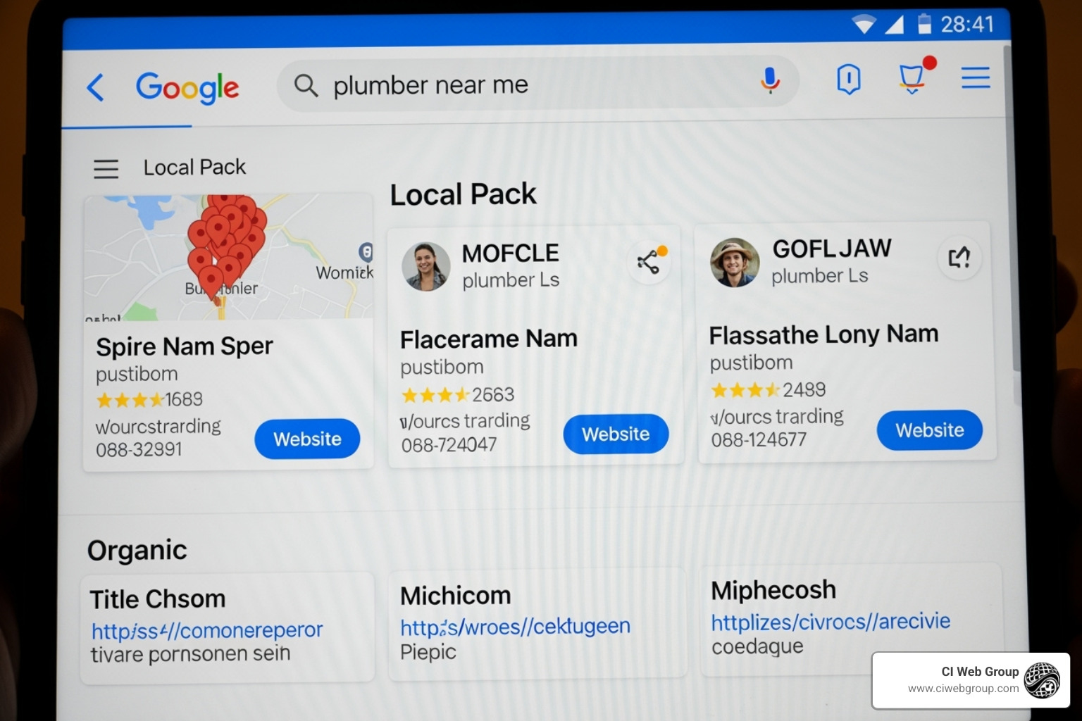A Google search results page for "plumber near me" showing a local pack listing at the top, followed by organic search results - grow plumbing business