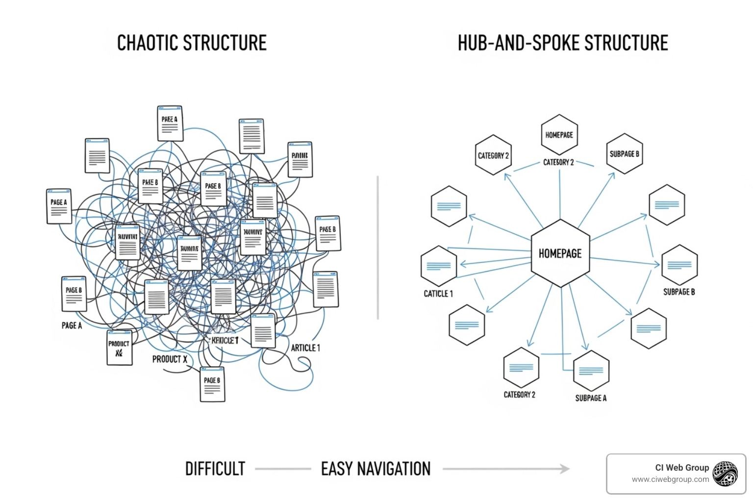 A comparison graphic showing a chaotic, disconnected website structure on one side and a neatly organized, interconnected content cluster structure on the other, highlighting the ease of navigation - content cluster user experience
