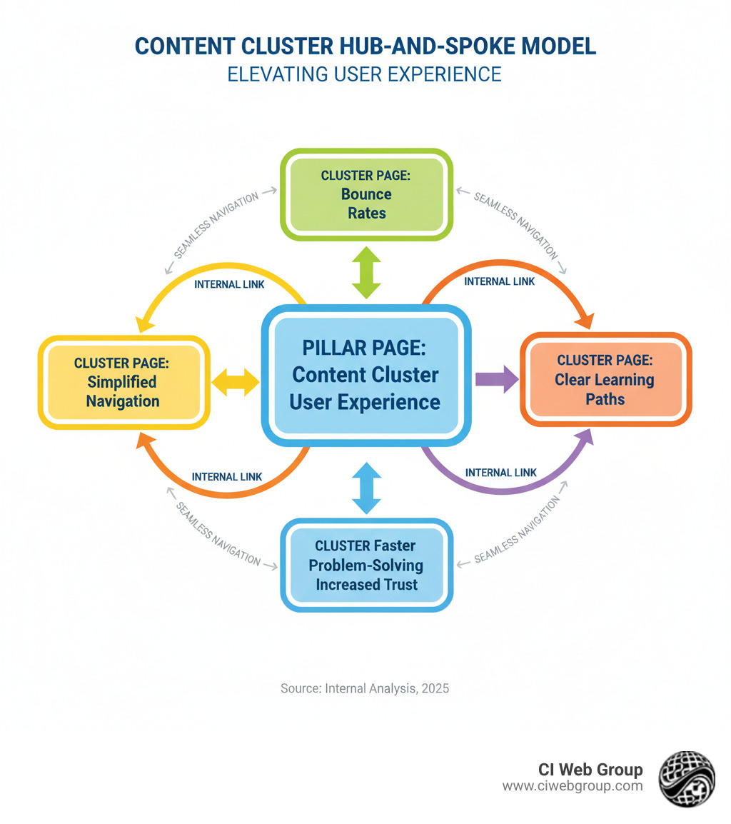 Detailed infographic showing the hub-and-spoke model of content clusters with a central pillar page connected to multiple cluster pages through internal links, demonstrating how users can steer seamlessly between related topics - content cluster user experience infographic 