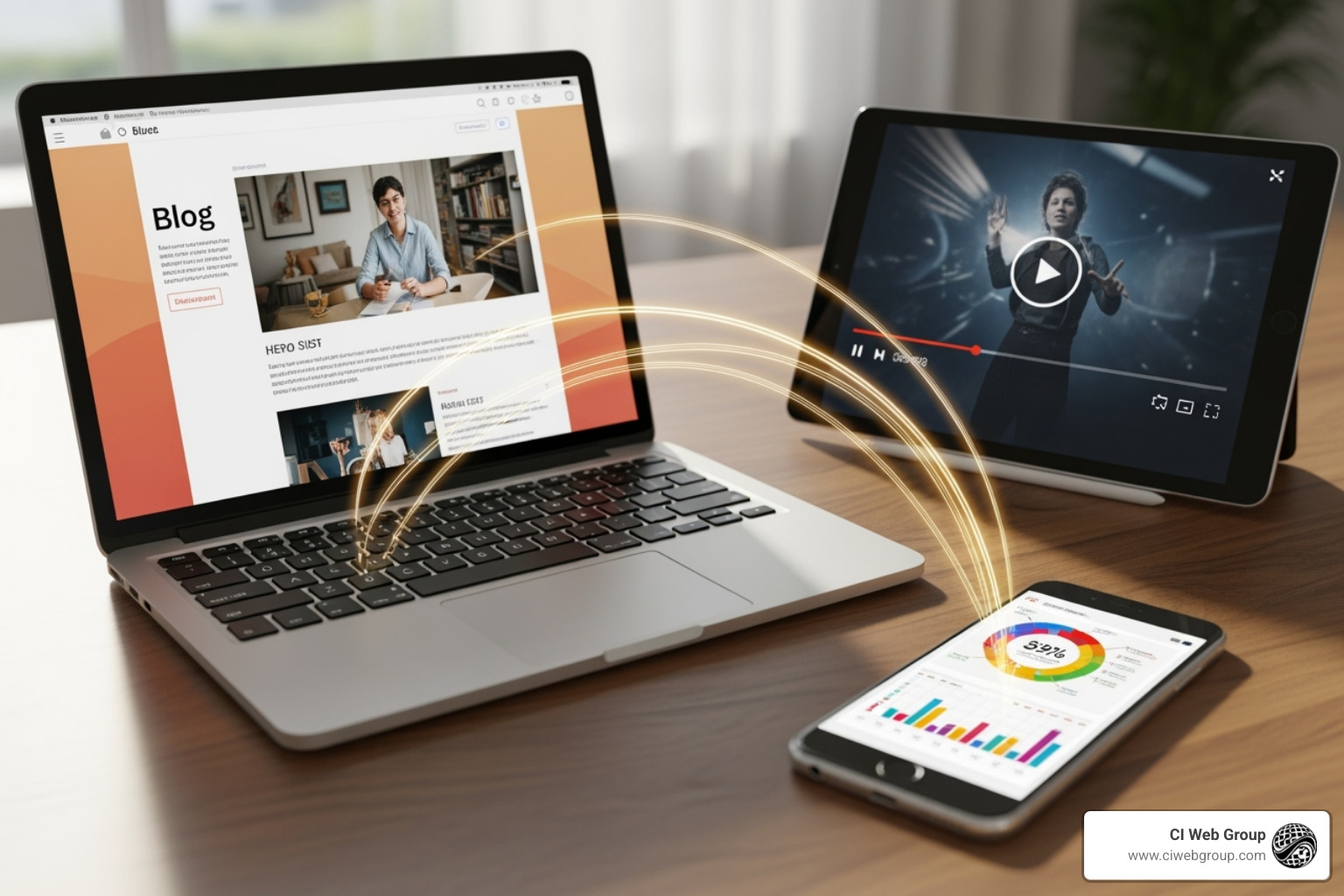 An image illustrating various content formats: a blog post on a laptop, a video player on a tablet, and an infographic on a smartphone, all visually linked - content cluster user experience
