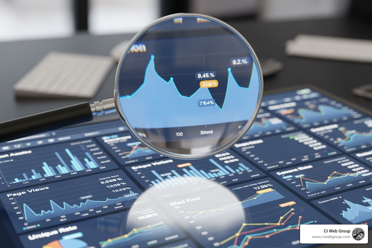 A magnifying glass hovering over a website analytics dashboard, showing graphs and data points related to website performance - content cluster user experience