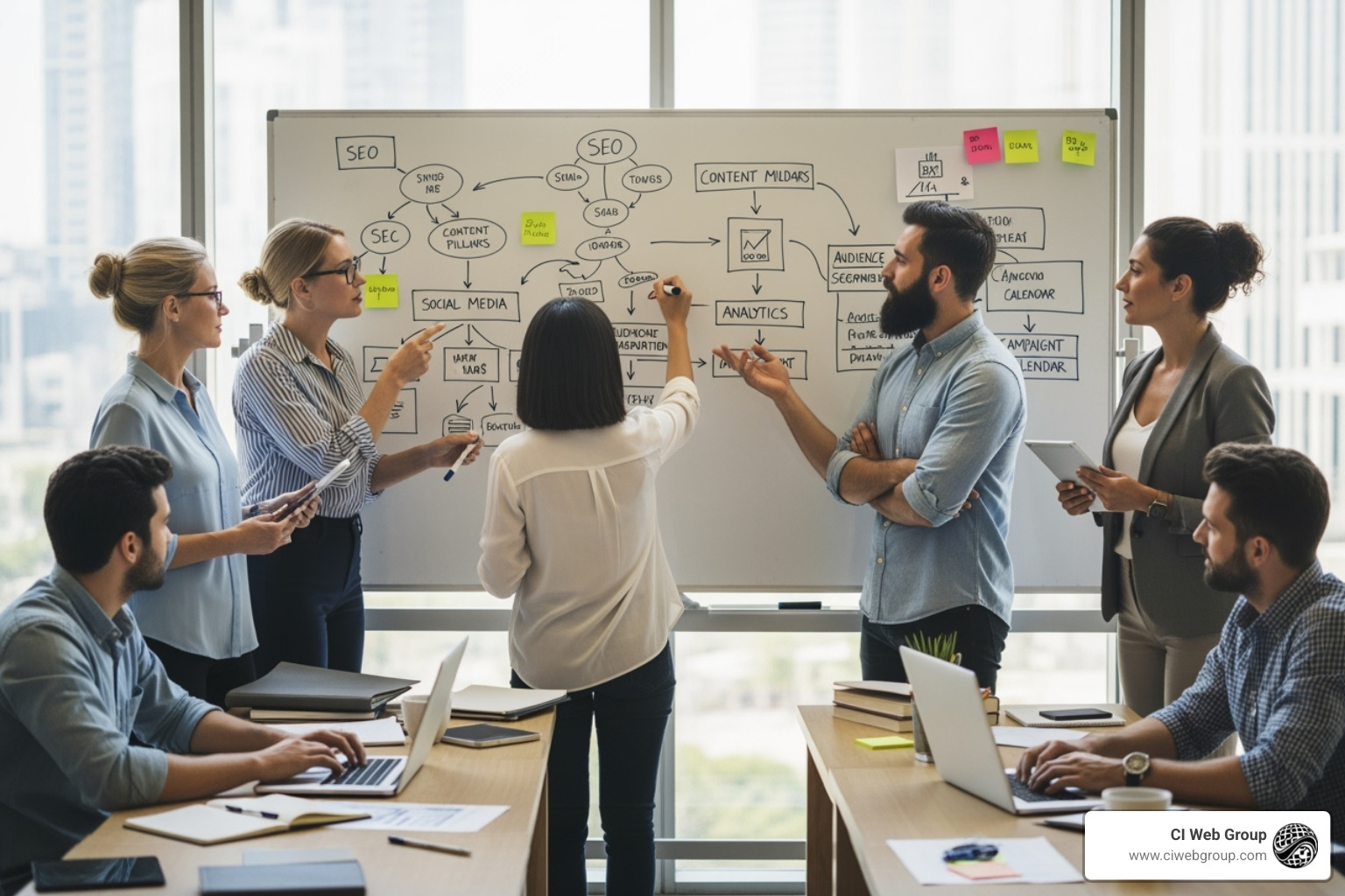 A marketing team actively planning a content strategy on a whiteboard, with diagrams of interconnected topics and keywords - content cluster user experience