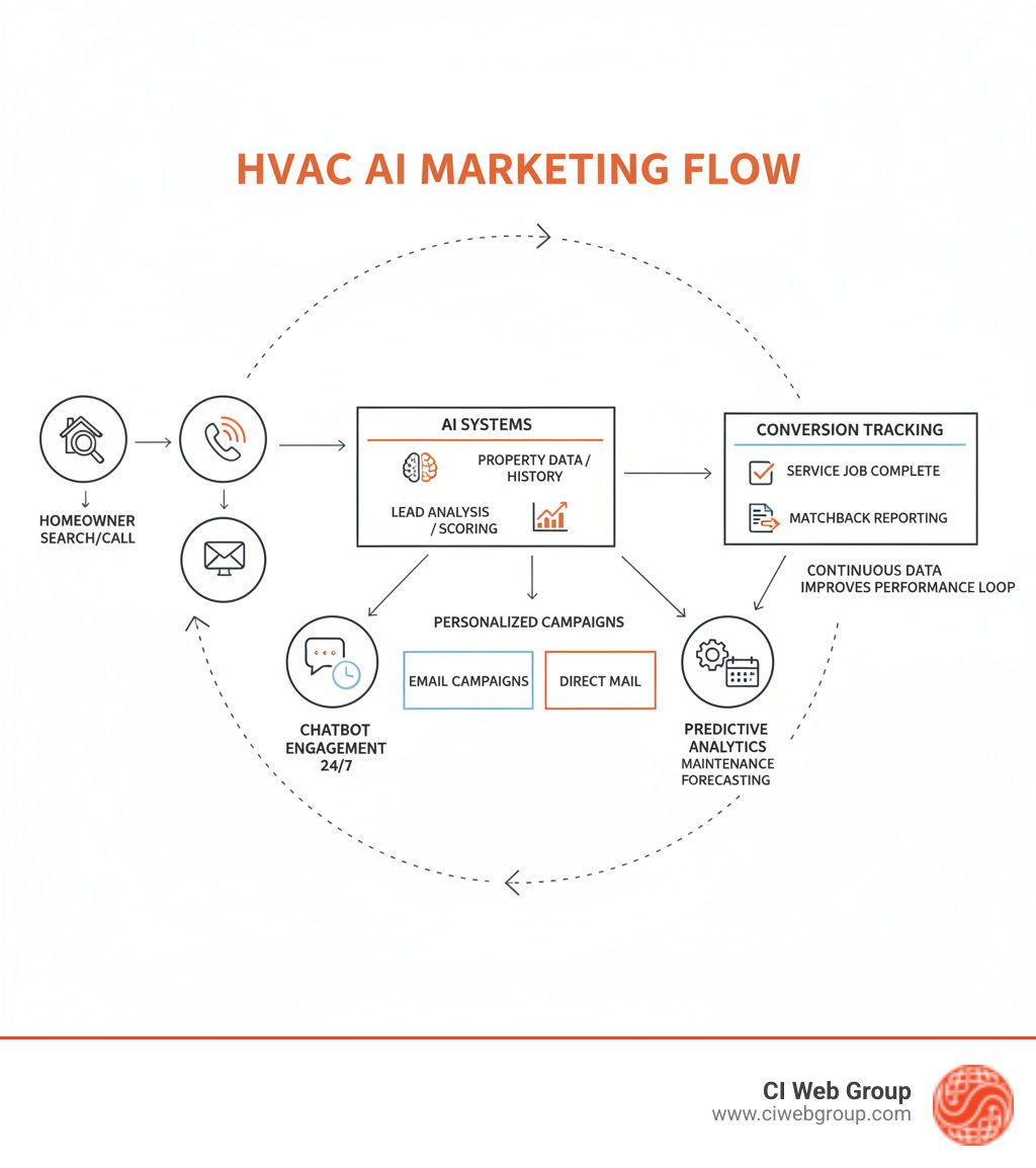 Infographic showing the complete flow of HVAC AI Marketing: starting with a homeowner searching online or calling, data flowing into AI systems that analyze property information and customer history, AI identifying high-quality leads and scoring them, automated personalized campaigns being generated across email and direct mail channels, chatbots engaging visitors 24/7, predictive analytics forecasting maintenance needs, and finally tracking conversions from initial contact through to completed service job with automated matchback reporting—all connected by arrows showing the continuous data feedback loop that improves performance over time - HVAC AI Marketing  infographic 