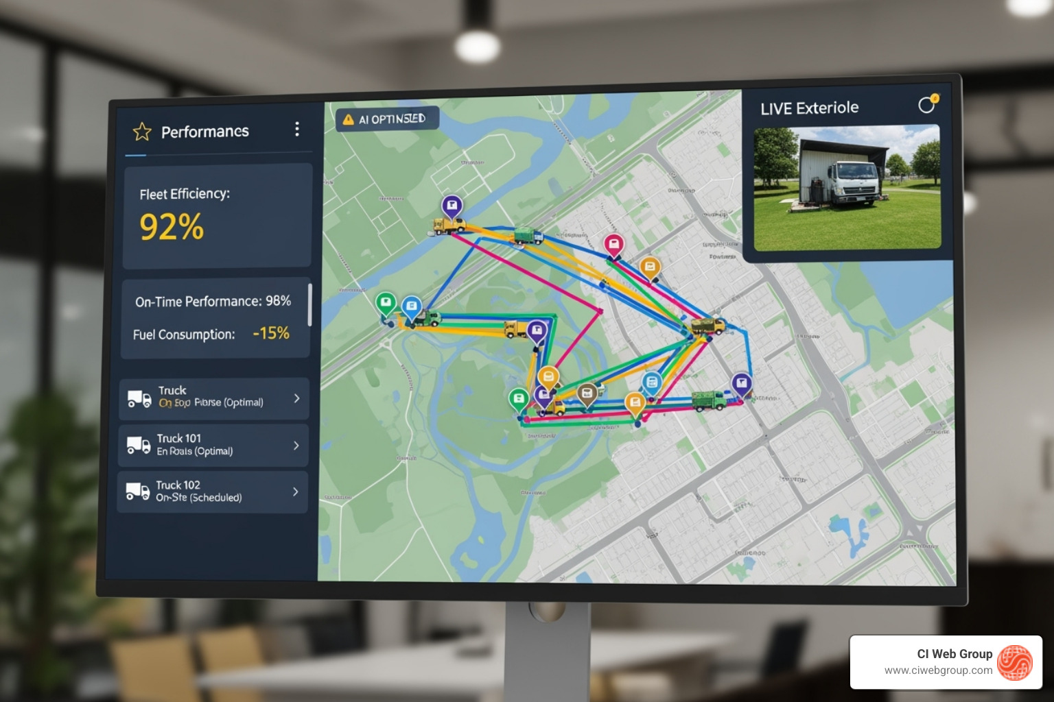of a dashboard showing AI-optimized routing for a fleet of landscaping trucks - Landscaping AI Marketing