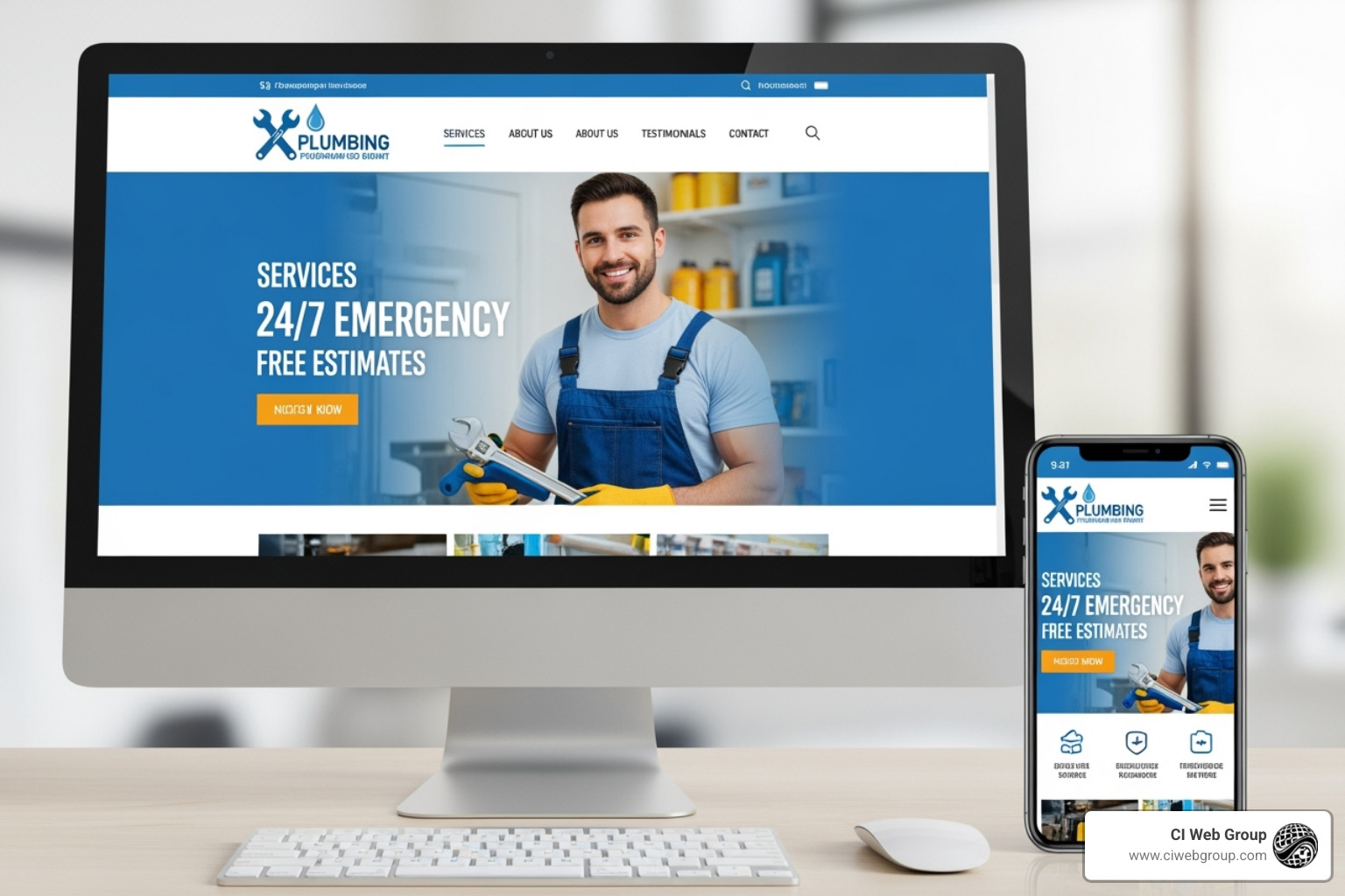 of a plumbing website on a desktop and mobile phone - plumbing business marketing